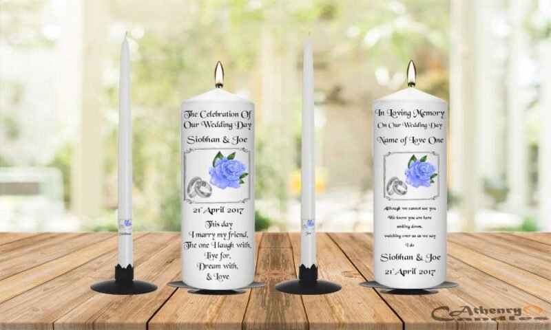 Wedding Unity Candle Set and Remembrance Candle Blue Rose
