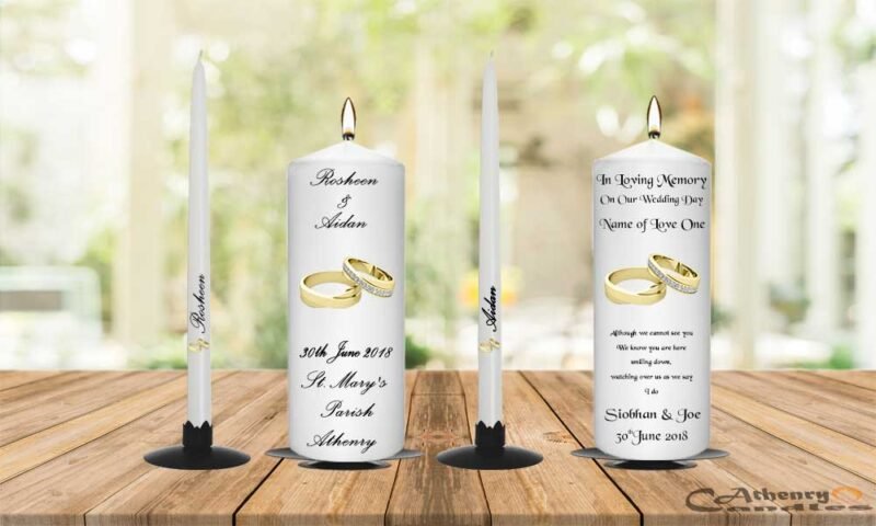 Wedding Unity Candle Set and Remembrance Candle Gold Ring with Diamond