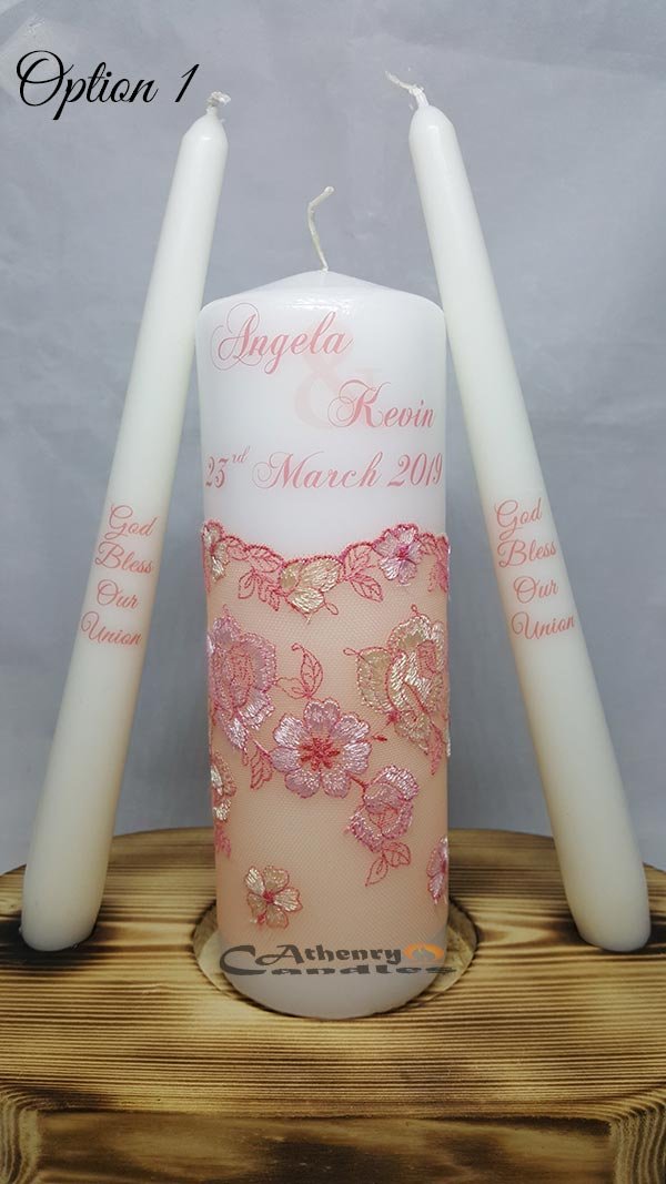 Lace Wedding Unity Candle Set Peach Flowers