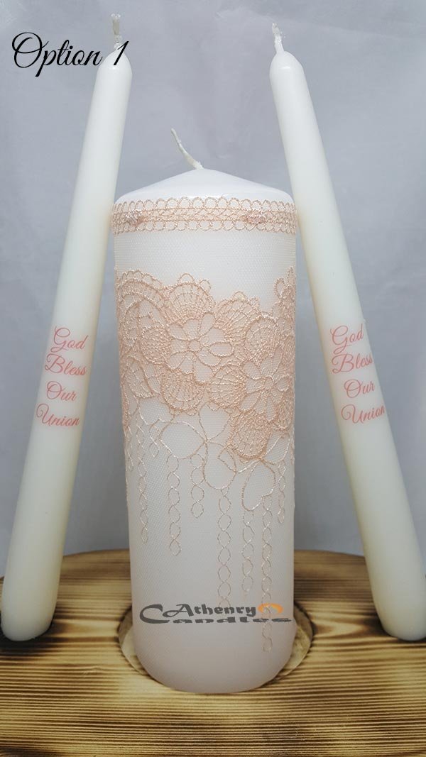 Lace Wedding Unity Candle Set Pink Elegant